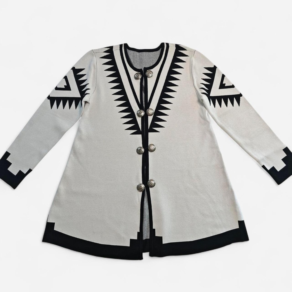 Southwestern Tribal Geometric Knit Cardigan Silver Concho Button White Black